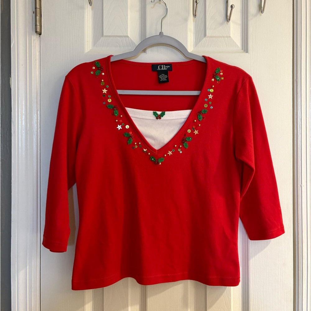 Vintage Cb Casual Christmas Holiday Ladies Red Holly Shirt Size Petite Medium